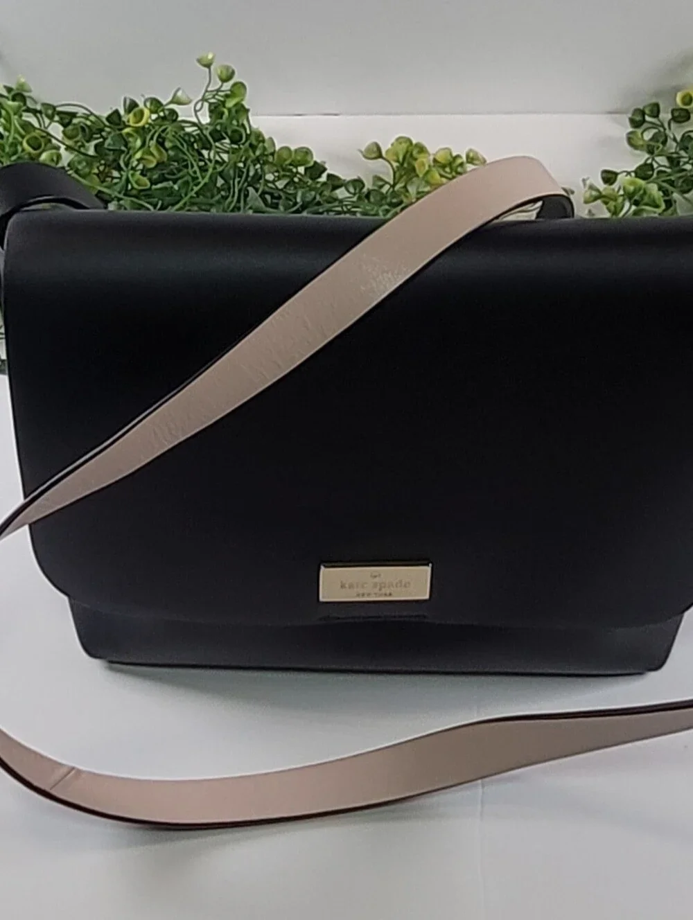 kate spade Black Crossbody with Beige Strap and Gold Plaque
